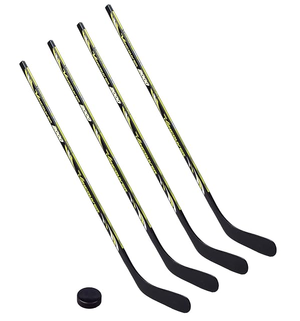 Vancouver 2000 Set aus vier Kinder-Eishockeyschlägern in Schwarz und Limettengrün mit einem Puck
