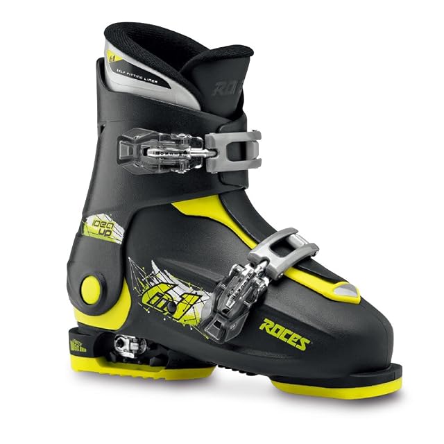 Roces Idea Up verstellbarer Kinder-Skischuh in Schwarz und Limettengrün