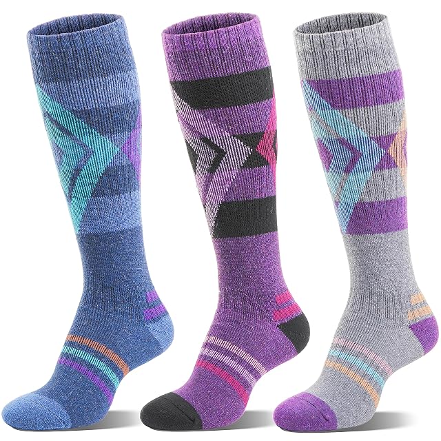 Welwoos Merino-Skisocken in Blau, Violett und Grau, drei Paar